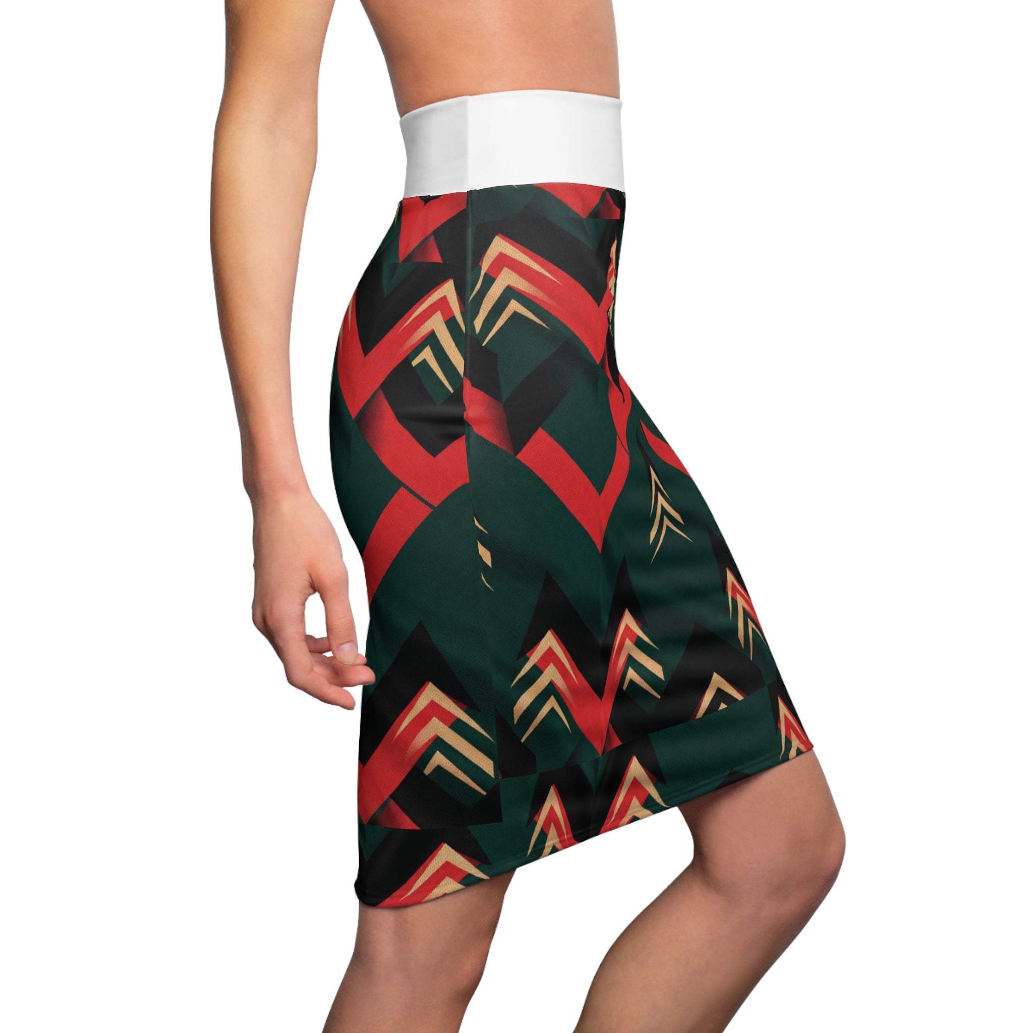 MB Mind & Body Chevron Arrow Pencil Skirt — Geometric Red & Green AOP