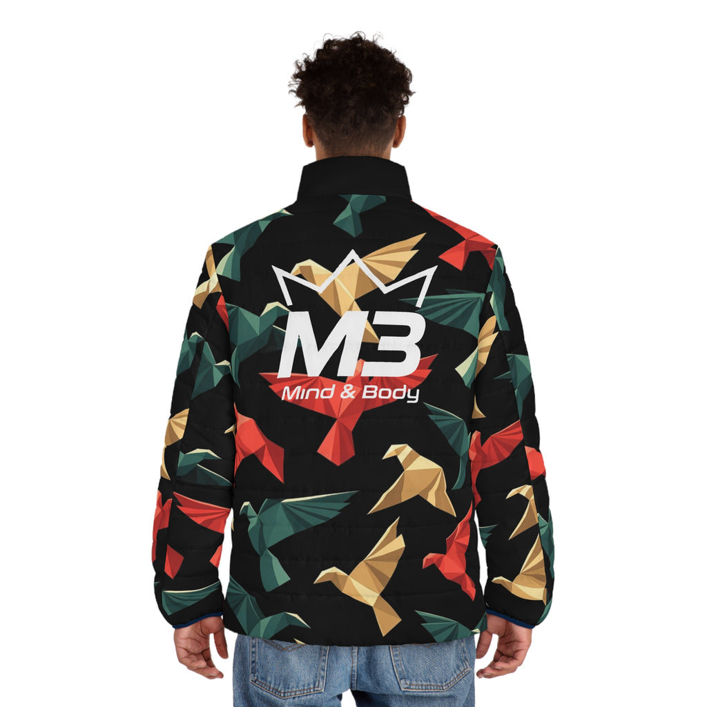MB Mind & Body Origami Birds Men's Puffer Jacket – Colorful Geometric Bird Print