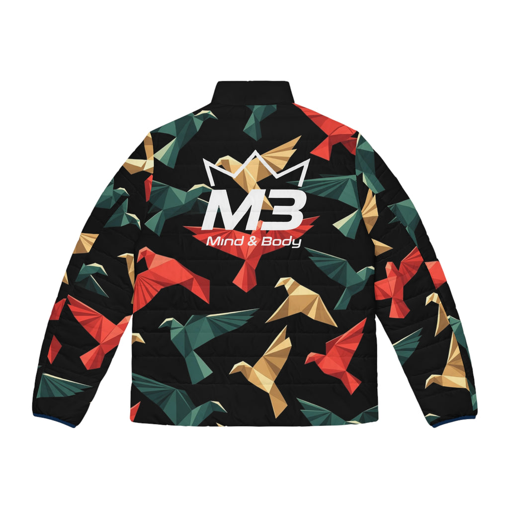 MB Mind & Body Origami Birds Men's Puffer Jacket – Colorful Geometric Bird Print