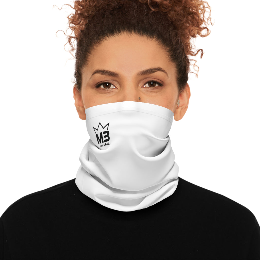 MB Mind & Body Neck Gaiter — Lightweight White Tube Scarf (Minimal MB Crown Logo)