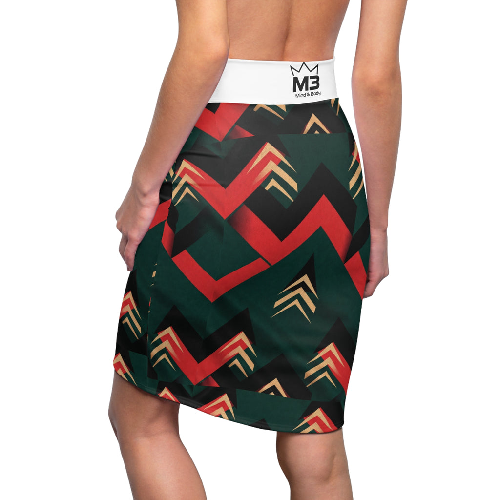 MB Mind & Body Chevron Arrow Pencil Skirt — Geometric Red & Green AOP