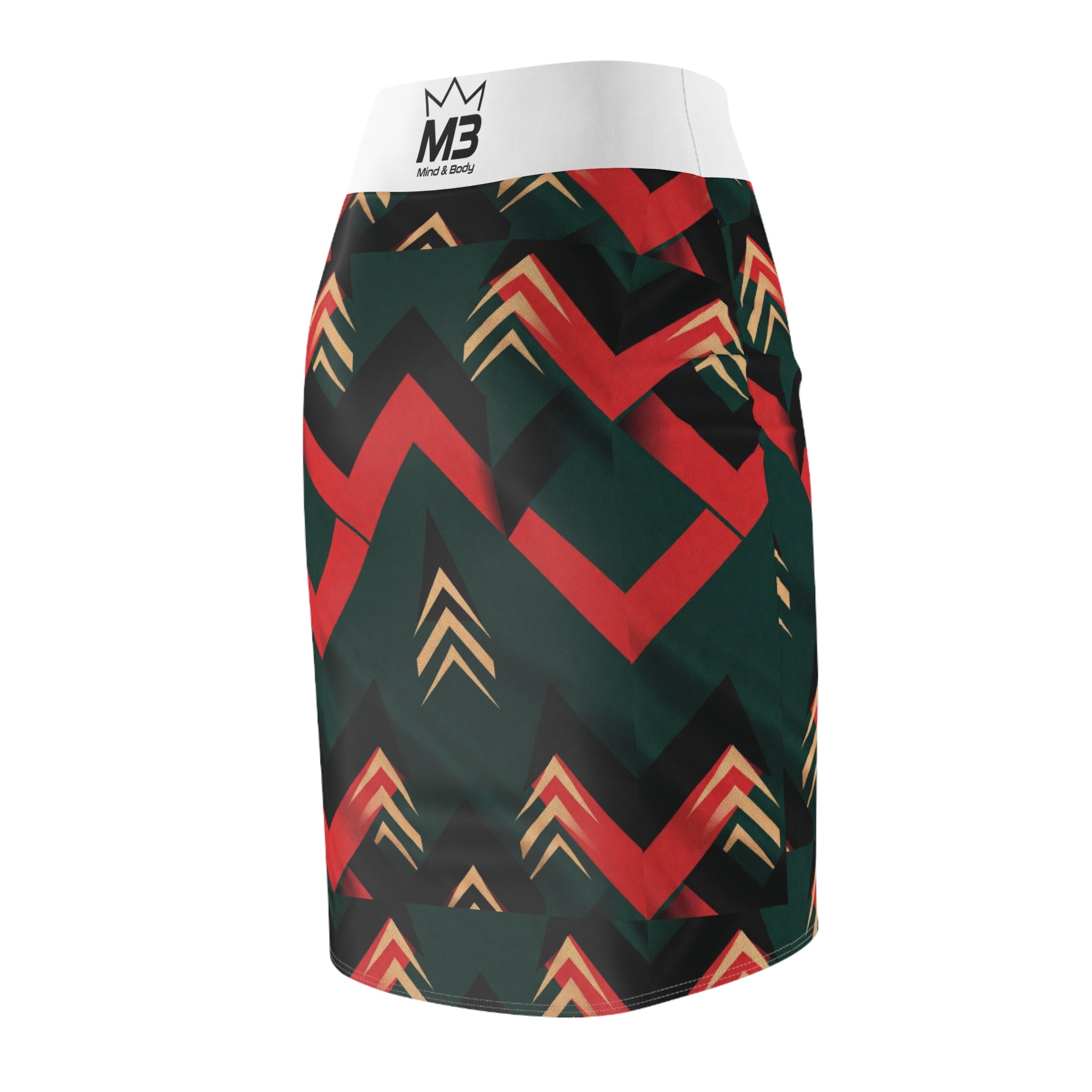 MB Mind & Body Chevron Arrow Pencil Skirt — Geometric Red & Green AOP