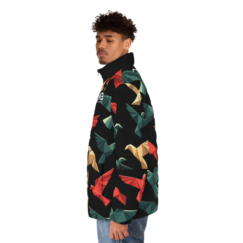 MB Mind & Body Origami Birds Men's Puffer Jacket – Colorful Geometric Bird Print