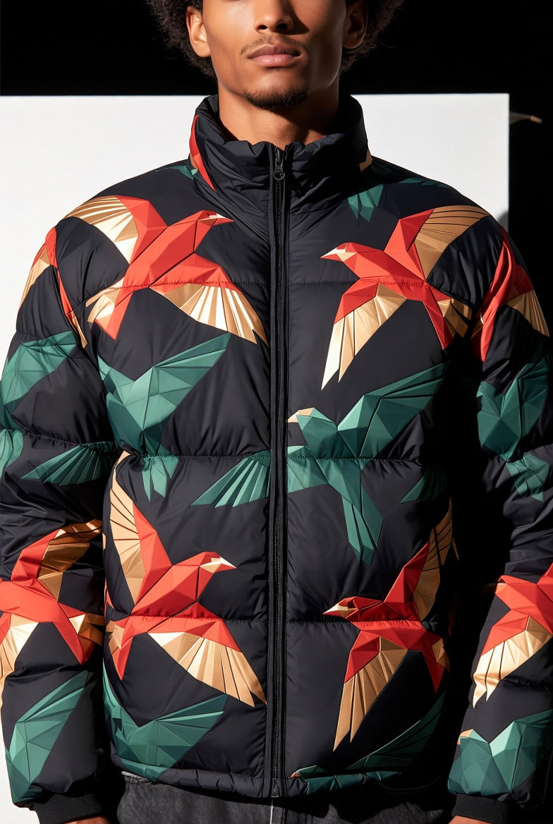 MB Mind & Body Origami Birds Men's Puffer Jacket – Colorful Geometric Bird Print