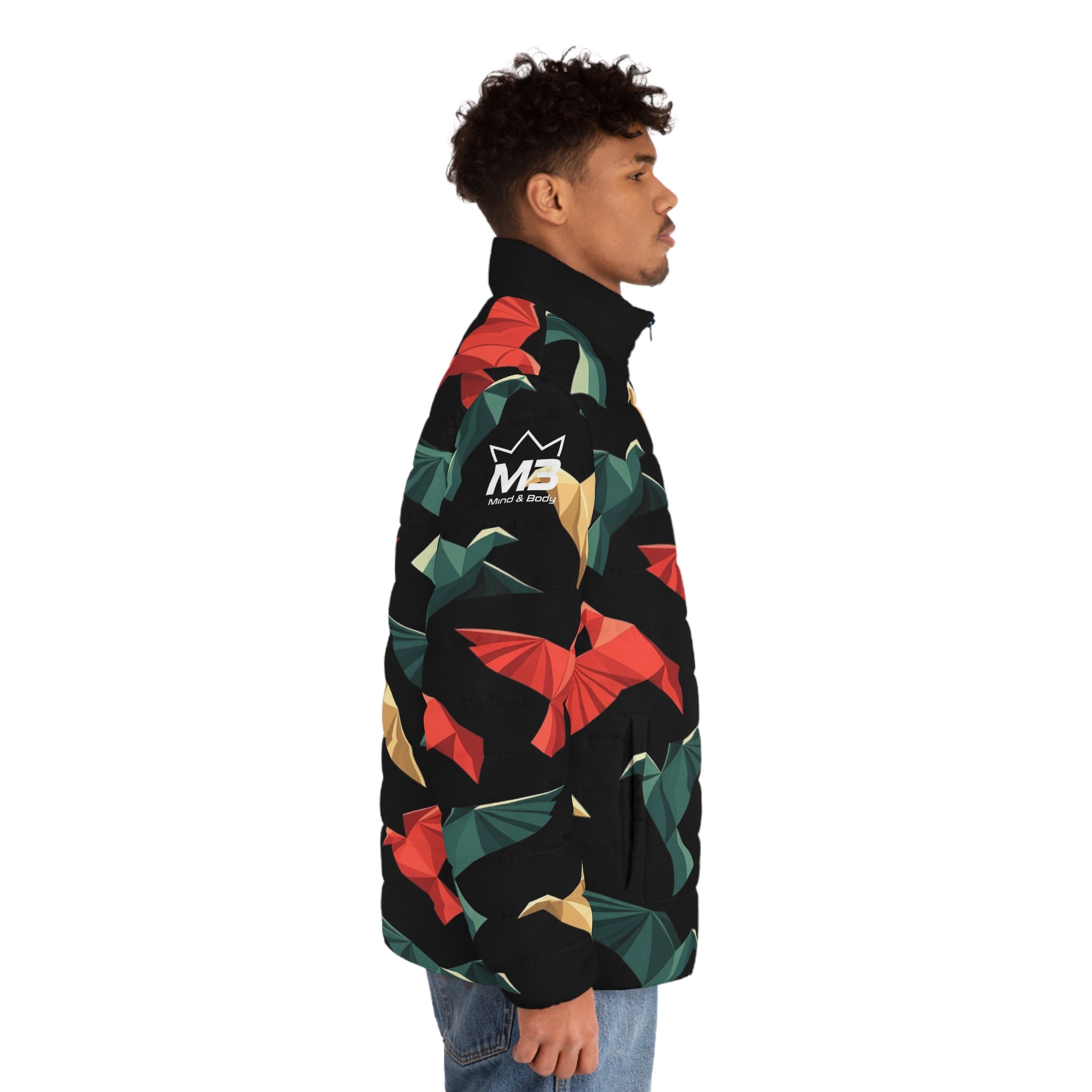 MB Mind & Body Origami Birds Men's Puffer Jacket – Colorful Geometric Bird Print