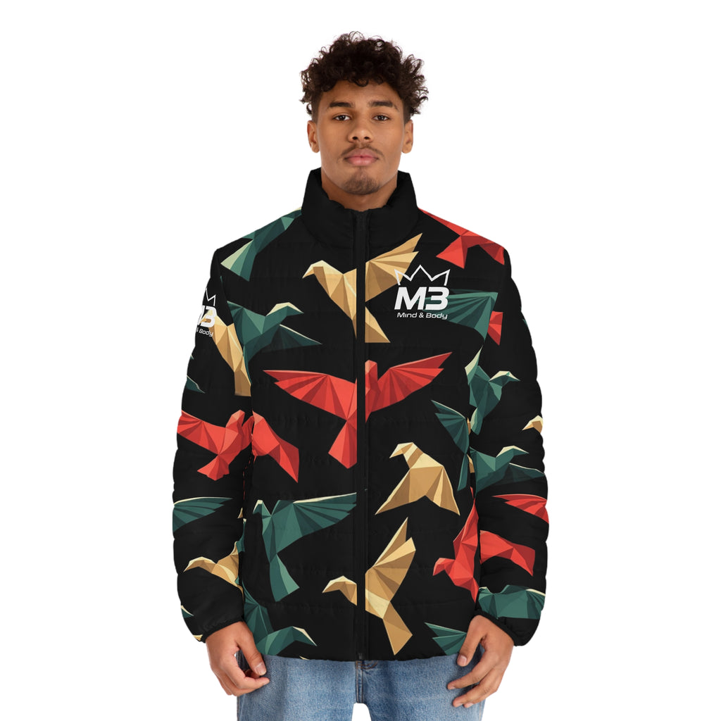 MB Mind & Body Origami Birds Men's Puffer Jacket – Colorful Geometric Bird Print