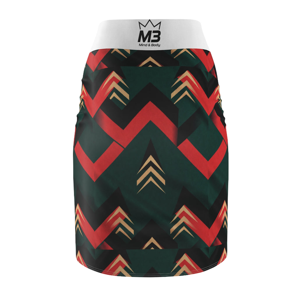 MB Mind & Body Chevron Arrow Pencil Skirt — Geometric Red & Green AOP
