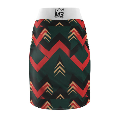 MB Mind & Body Chevron Arrow Pencil Skirt — Geometric Red & Green AOP
