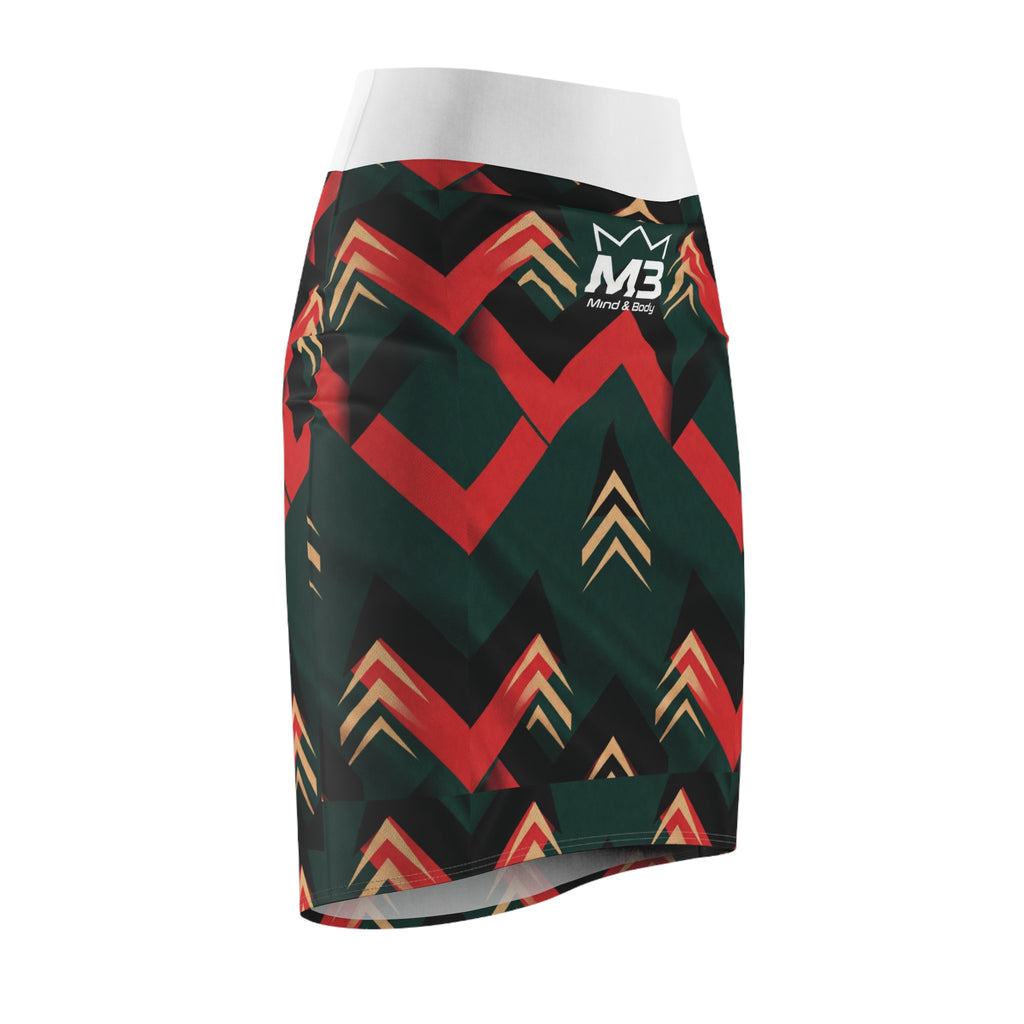 MB Mind & Body Chevron Arrow Pencil Skirt — Geometric Red & Green AOP