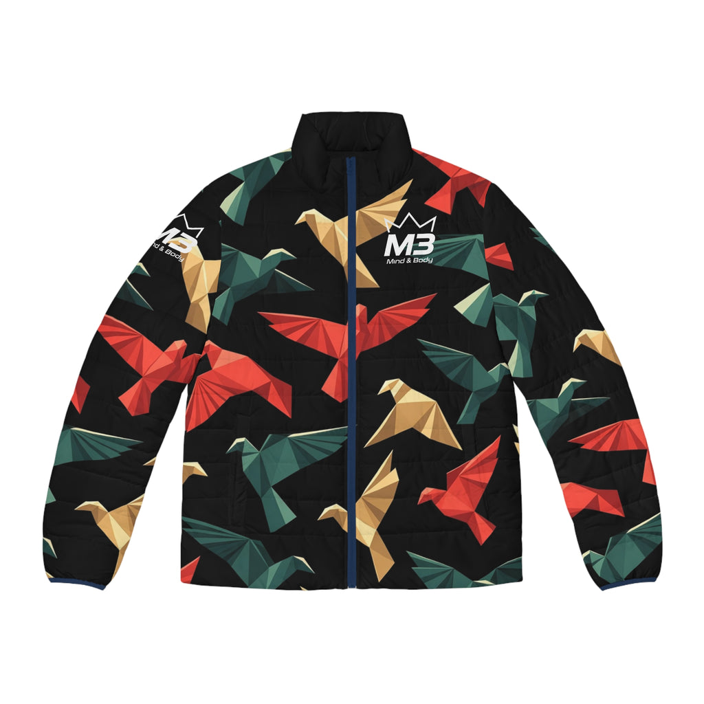 MB Mind & Body Origami Birds Men's Puffer Jacket – Colorful Geometric Bird Print