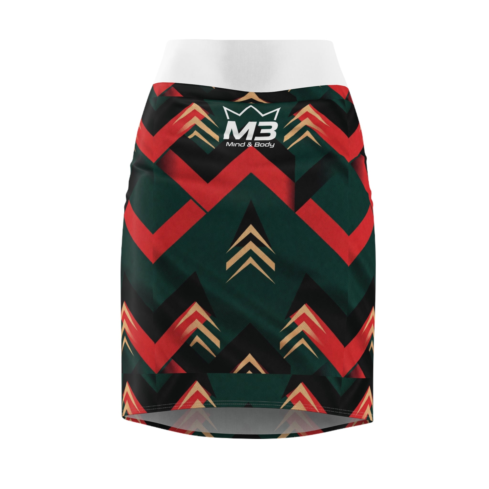 MB Mind & Body Chevron Arrow Pencil Skirt — Geometric Red & Green AOP