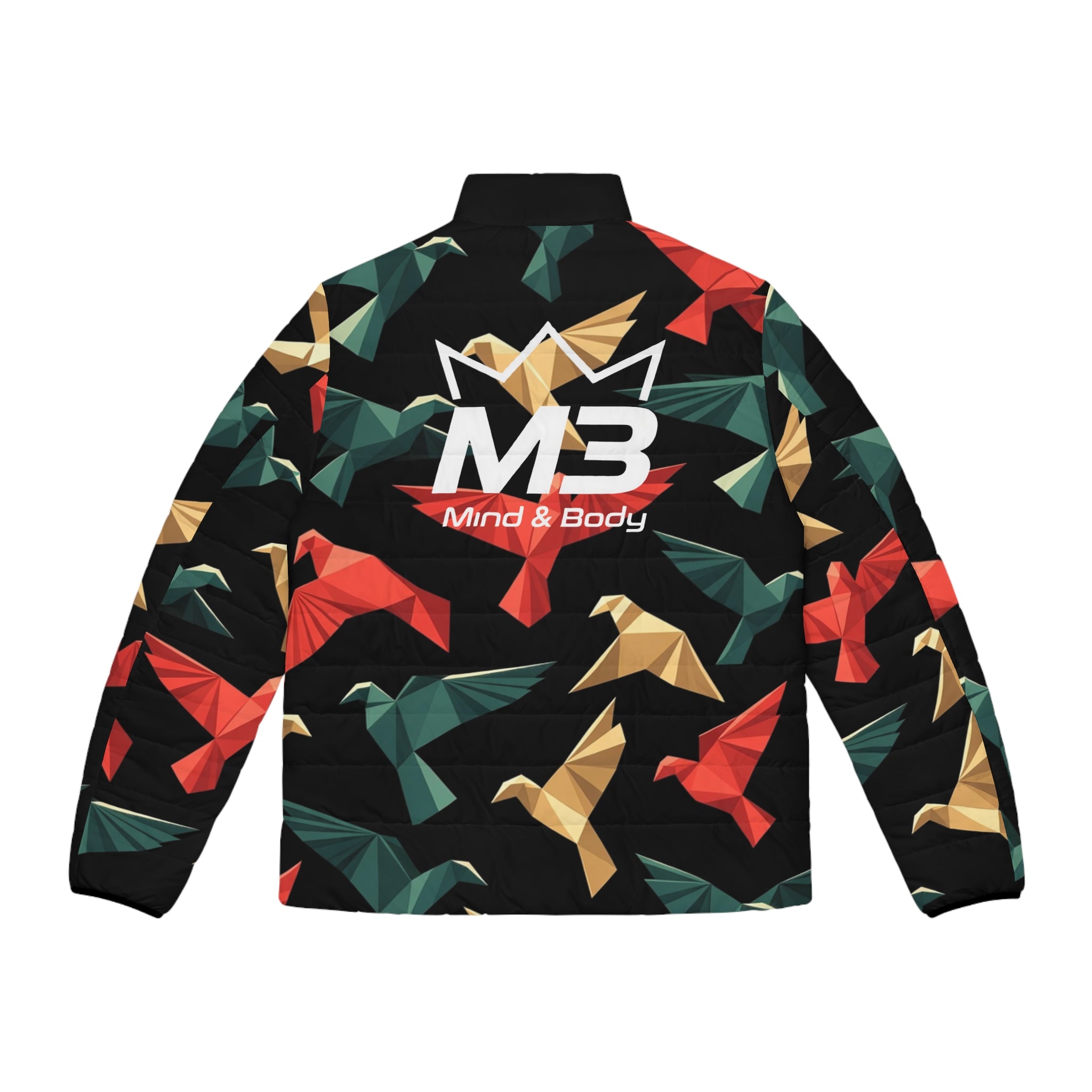 MB Mind & Body Origami Birds Men's Puffer Jacket – Colorful Geometric Bird Print